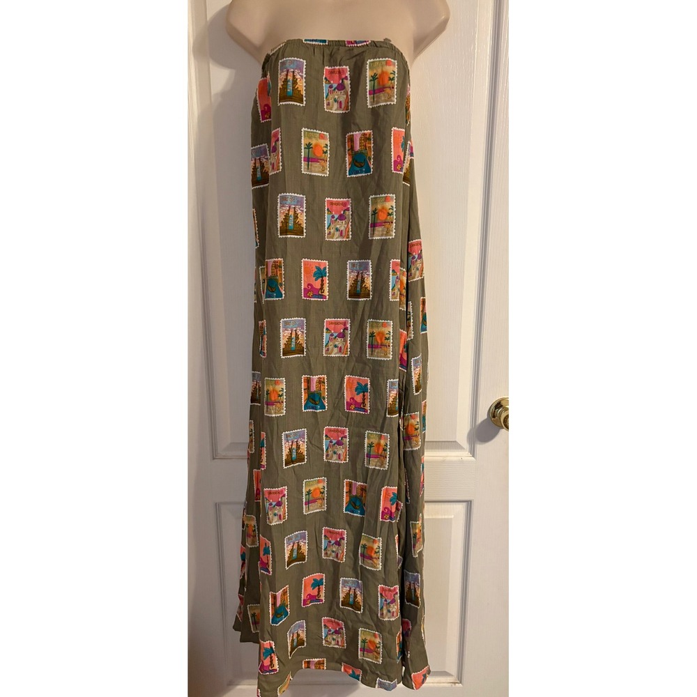 Petal + Pup Strapless Maxi Dress Olive Green Travel Stamp Print Linen Blend Med